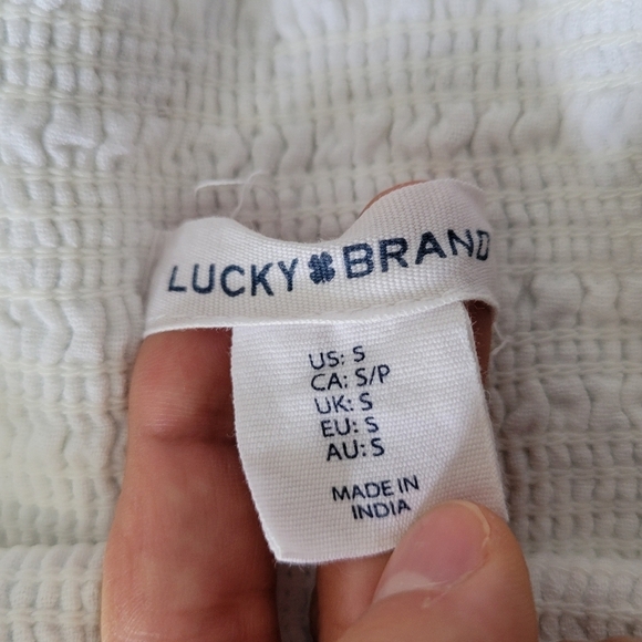 Lucky Brand White & Blue Sleeveless Tiered Boho Linen Blend Smocked Maxi Dress - Picture 7 of 10